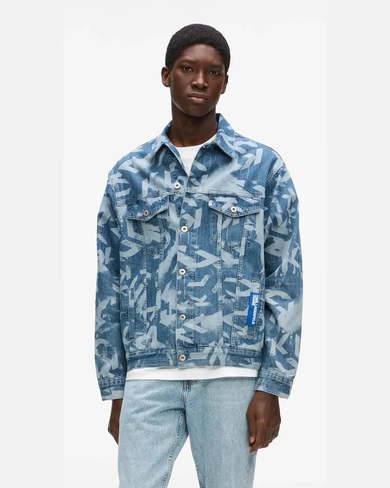 Karl Lagerfeld Legere Jeansjacke Mit Monogramm, Herren, Blauer Denim Mit Allover-print, Größe Blauer