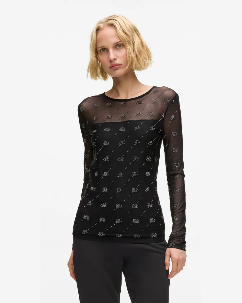 Karl Lagerfeld Autograph Mesh-top Mit Strass, Damen, Schwarz, Größe Schwarz