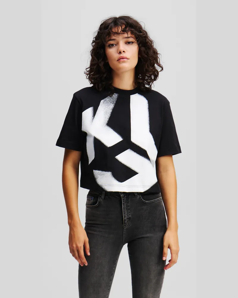 Karl Lagerfeld Monogram Gebleichtes T-shirt, Frau, Schwarz, Größe Schwarz