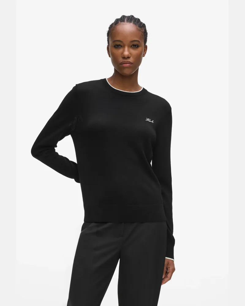 Karl Lagerfeld Pullover Mit Rundhalsausschnitt Aus Merinowolle, Female, Schwarz, Size Black