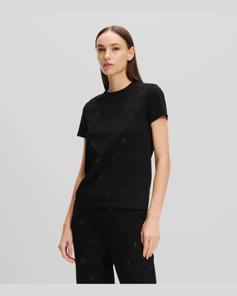 Karl Lagerfeld Monogram Hemd Mit Strassbesatz, Frau, Schwarz, Größe Schwarz