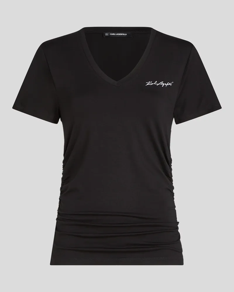 Karl Lagerfeld Signature T-shirt Mit V-ausschnitt Und Raffung, Frau, Schwarz, Größe Schwarz