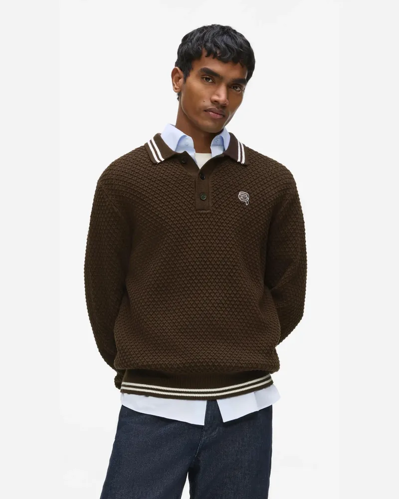 Karl Lagerfeld Ikon Langärmeliges Strickpoloshirt, Male, Schwarzer Kaffee, Size Black