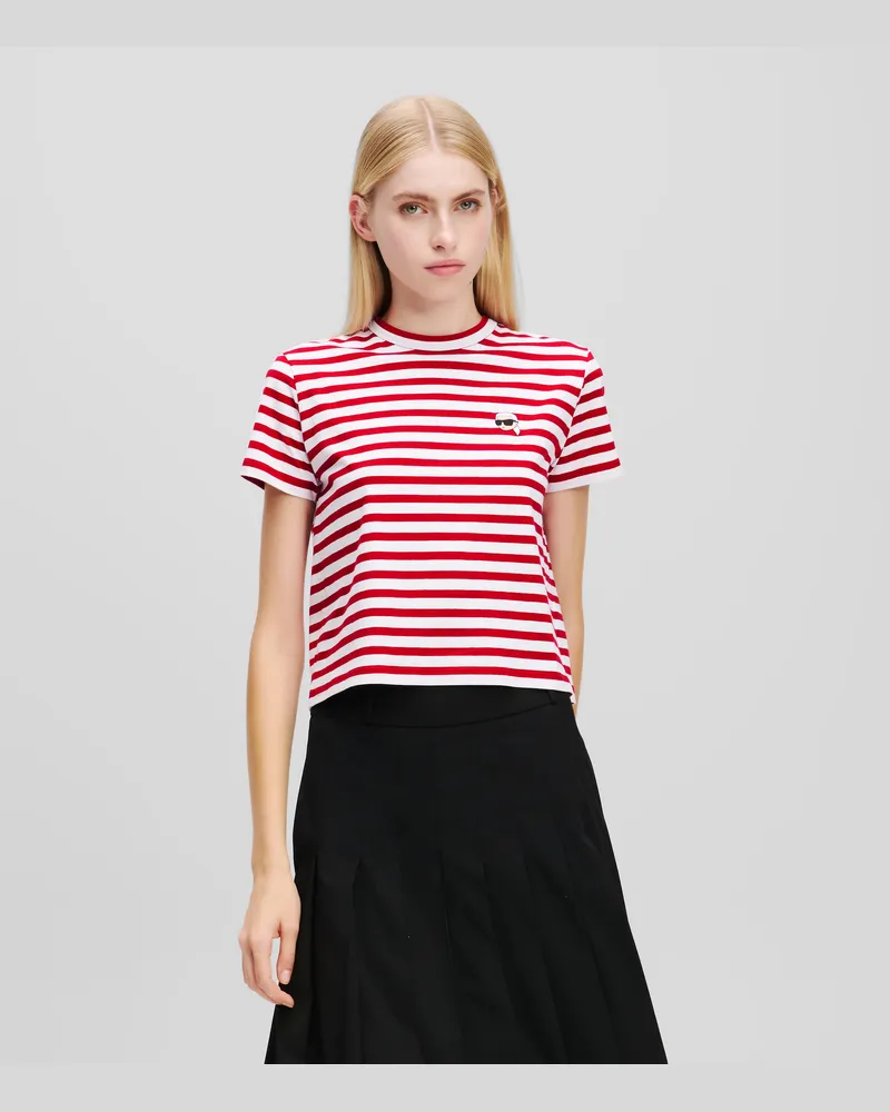Karl Lagerfeld Ikon kastiges T-shirt Mit Streifen, Frau, Scharlachrot-Salbei-Creme gestreift, Größe Scharlachrot-salbei-creme