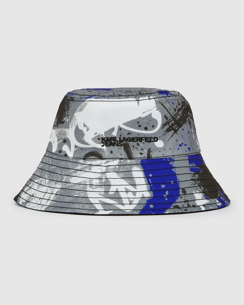 Karl Lagerfeld Wendbarer Bucket Hat Mit Graffiti, Herren, Schwarzer Denim - Grauer Denim, Größe Schwarzer