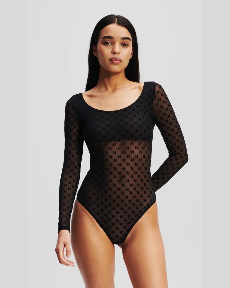 Karl Lagerfeld Monogram Langärmeliger Body Aus Netzstoff, Frau, Schwarz, Größe Schwarz
