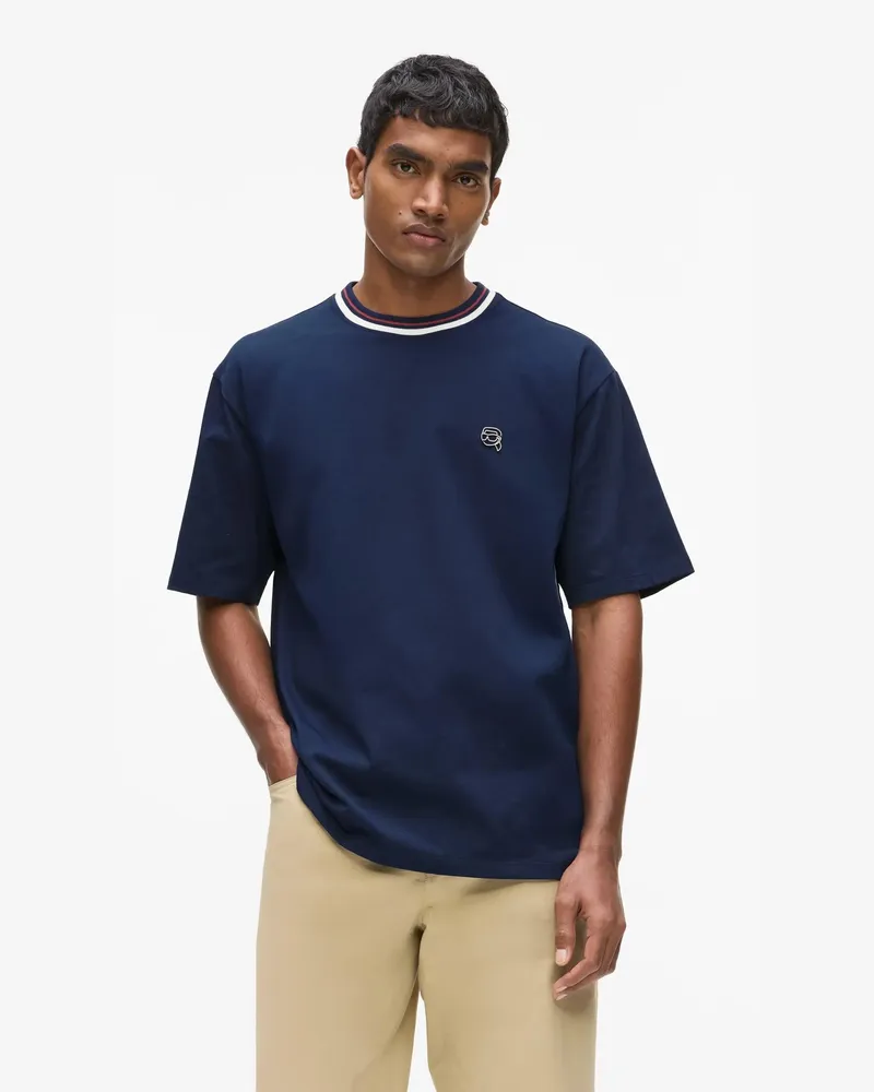 Karl Lagerfeld Ikon Gestreiftes T-shirt Mit Rundhalsausschnitt, Herren, Silberseeblau, Größe Silberseeblau