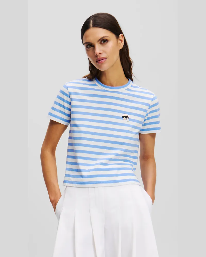 Karl Lagerfeld Ikon kastiges T-shirt Mit Streifen, Frau, Ultramarin-cremefarbener Streifen, Größe Ultramarin-cremefarbener