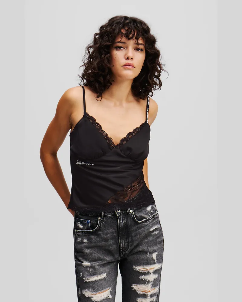 Karl Lagerfeld Top Aus Satin Und Spitze, Frau, Schwarz, Größe Schwarz