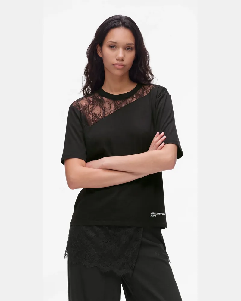Karl Lagerfeld T-shirt Mit Spitzen-panel, Female, Schwarz, Size Black
