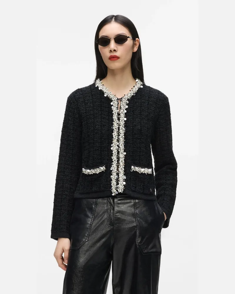 Karl Lagerfeld Strukturierte Strickjacke Mit Perlenbesatz, Female, Schwarz, Size Black
