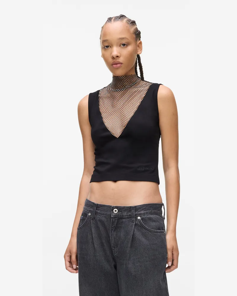 Karl Lagerfeld Mesh-top Mit V-ausschnitt Und Strass, Damen, Schwarz, Größe Schwarz