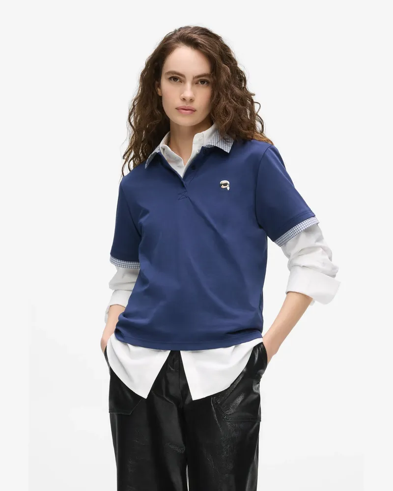 Karl Lagerfeld Ikon Polohemd Mit Kariertem Kragen, Damen, Silberseeblau, Größe Silberseeblau