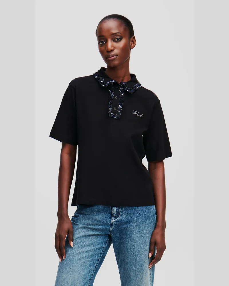 Karl Lagerfeld Poloshirt Aus Bouclé, Frau, Schwarz, Größe Schwarz