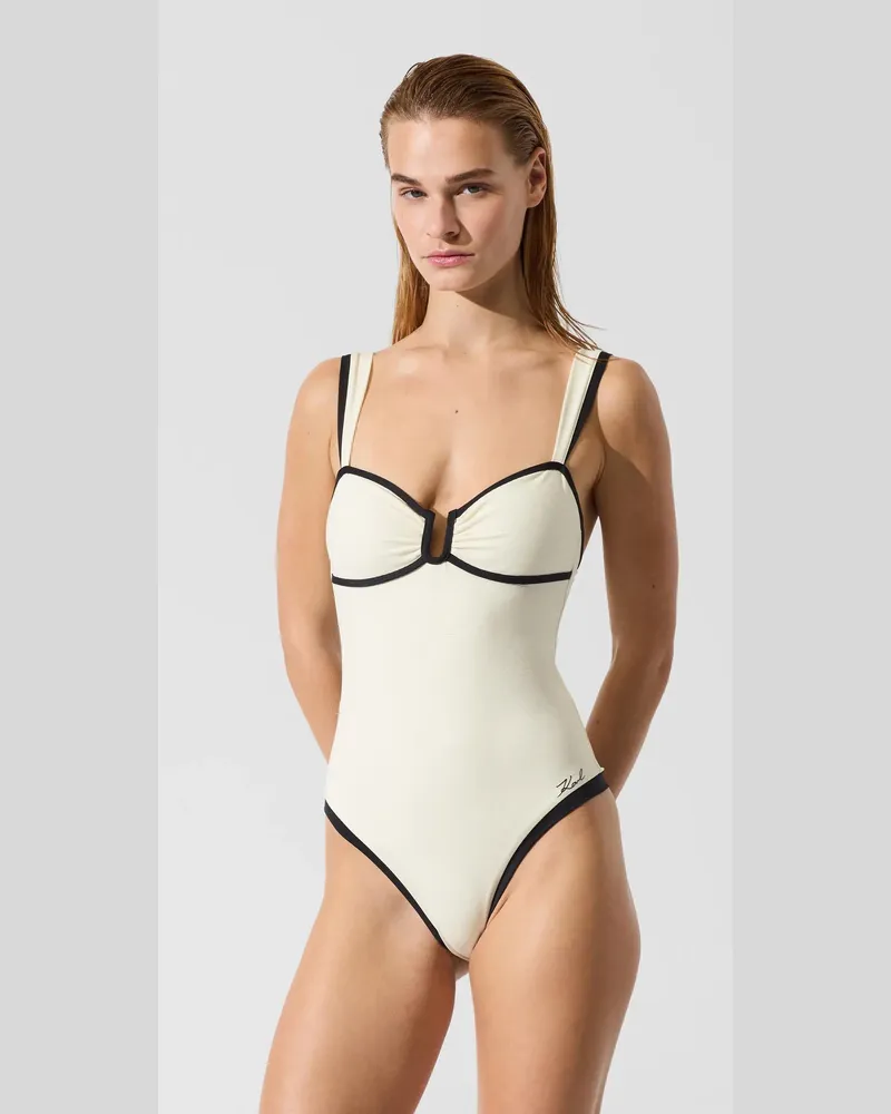 Karl Lagerfeld Signature-badeanzug Mit Paspelierung, Damen, Cannoli Creme, Größe Cannoli