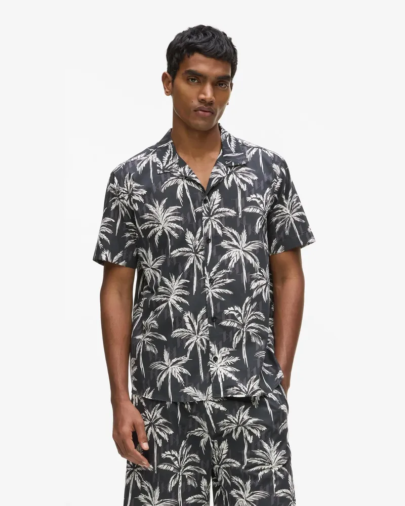 Karl Lagerfeld Kurzärmeliges Hemd Mit Palmenprint, Herren, Schwarz, Größe Schwarz