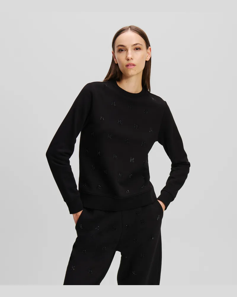 Karl Lagerfeld Monogram Sweatshirt Mit Strassbesatz, Frau, Schwarz, Größe Schwarz
