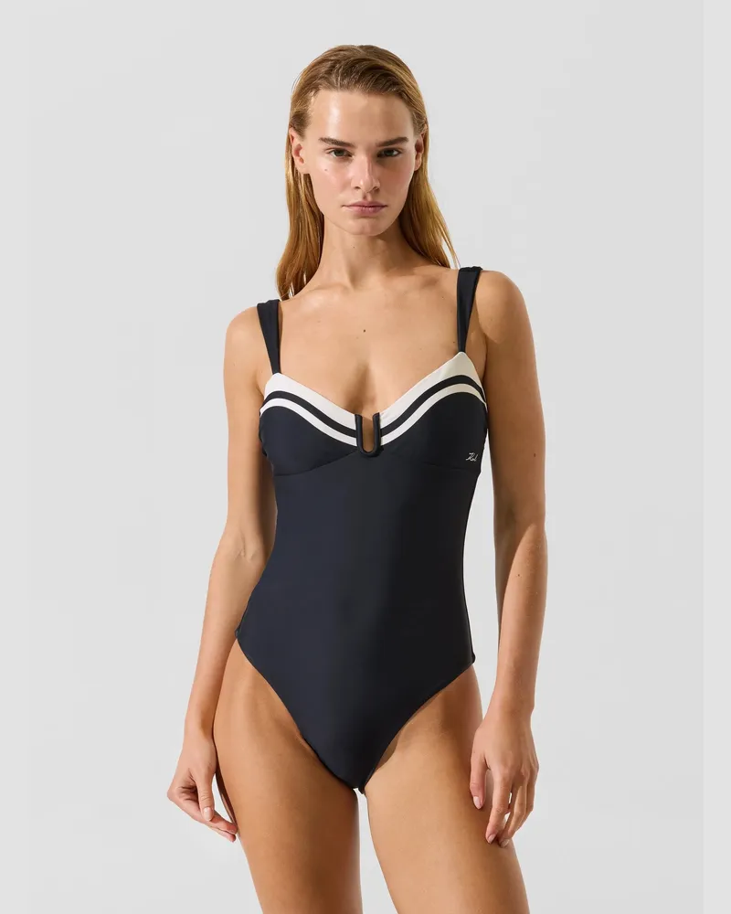 Karl Lagerfeld Signature-badeanzug Mit Kontrastfarbenem Besatz, Female, Schwarz, Size Black