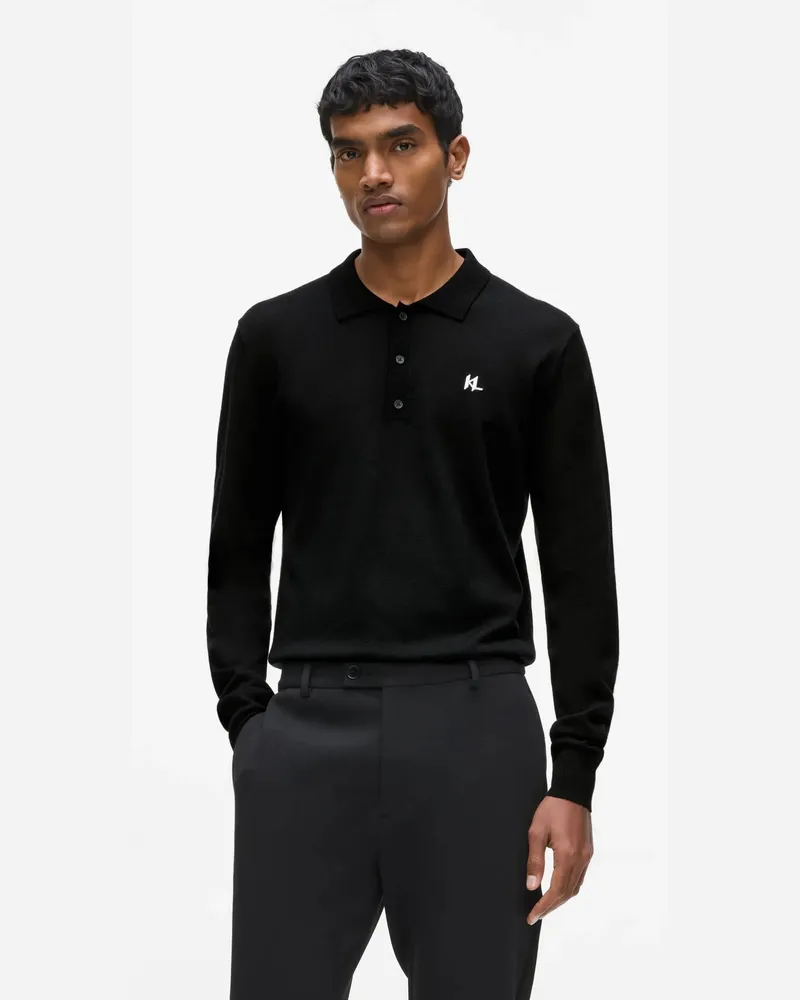 Karl Lagerfeld Langärmeliges Poloshirt Aus Merinowolle, Herren, Schwarz, Größe Schwarz