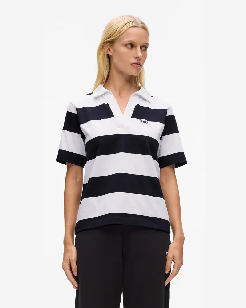 Karl Lagerfeld Ikon Gestreiftes Poloshirt, Damen, Schwarz-cannoli Creme Gestreift, Größe Schwarz-cannoli