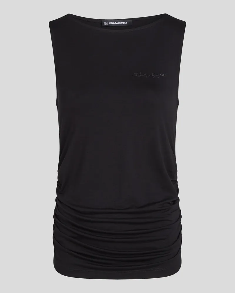 Karl Lagerfeld Signature T-shirt Mit U-boot-ausschnitt Und Raffung, Frau, Schwarz, Größe Schwarz