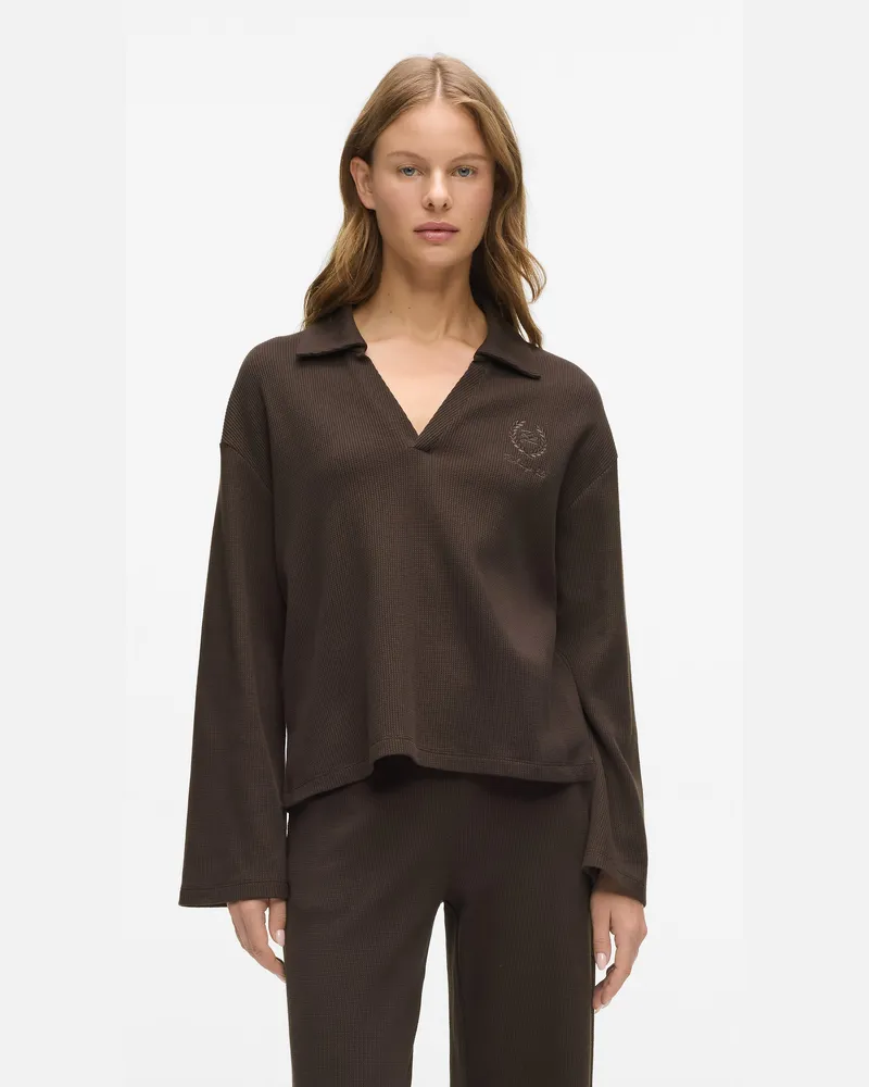 Karl Lagerfeld Loungewear-poloshirt Mit Waffelstruktur, Damen, Schwarzer Kaffee, Größe: Xs Schwarzer