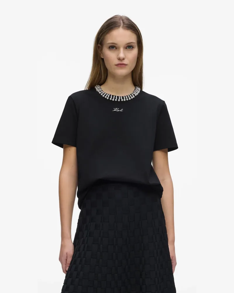 Karl Lagerfeld T-shirt Mit Kunstperlenkragen, Damen, Schwarz, Größe Schwarz