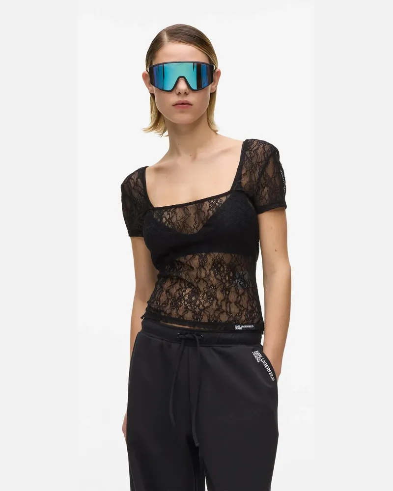 Karl Lagerfeld Spitzentop Mit Flügelärmeln, Damen, Schwarz, Größe Schwarz