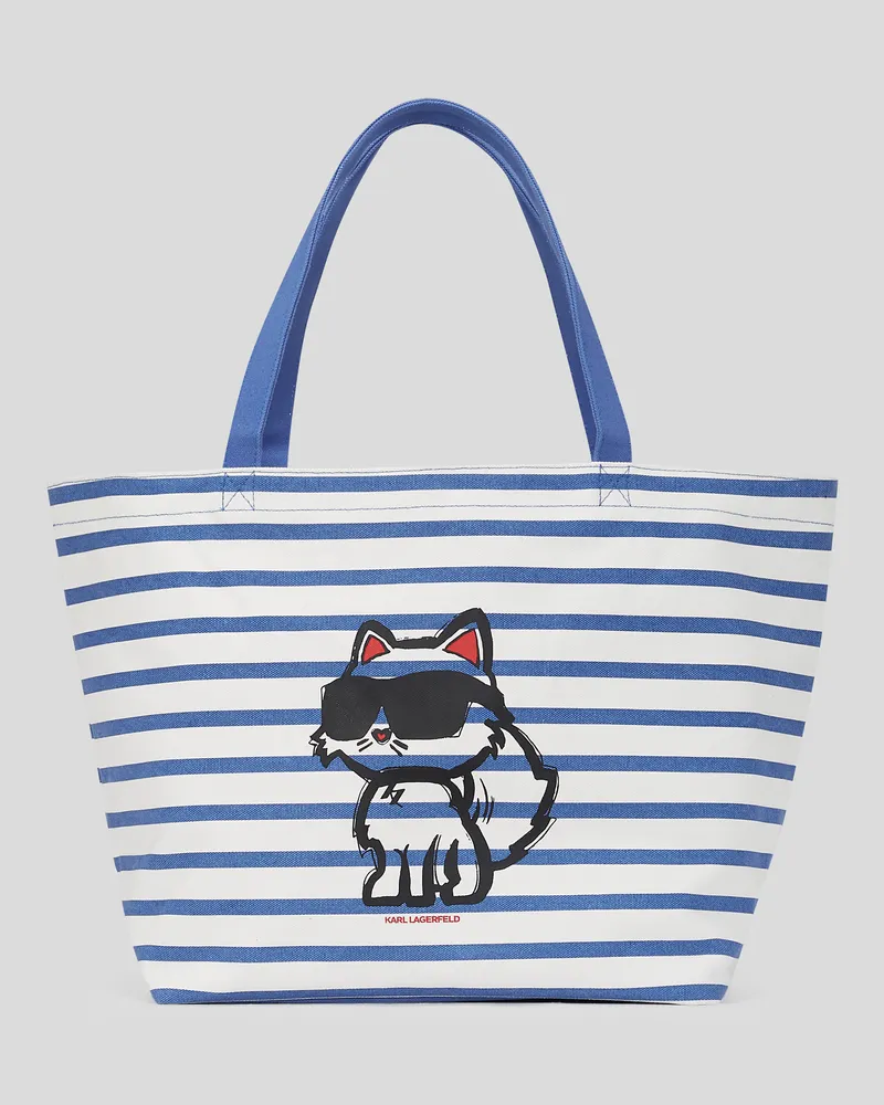 Karl Lagerfeld Ikon Choupette Gestreifter Shopper, Frau, Weiß und blau gestreift, Größe Weiß