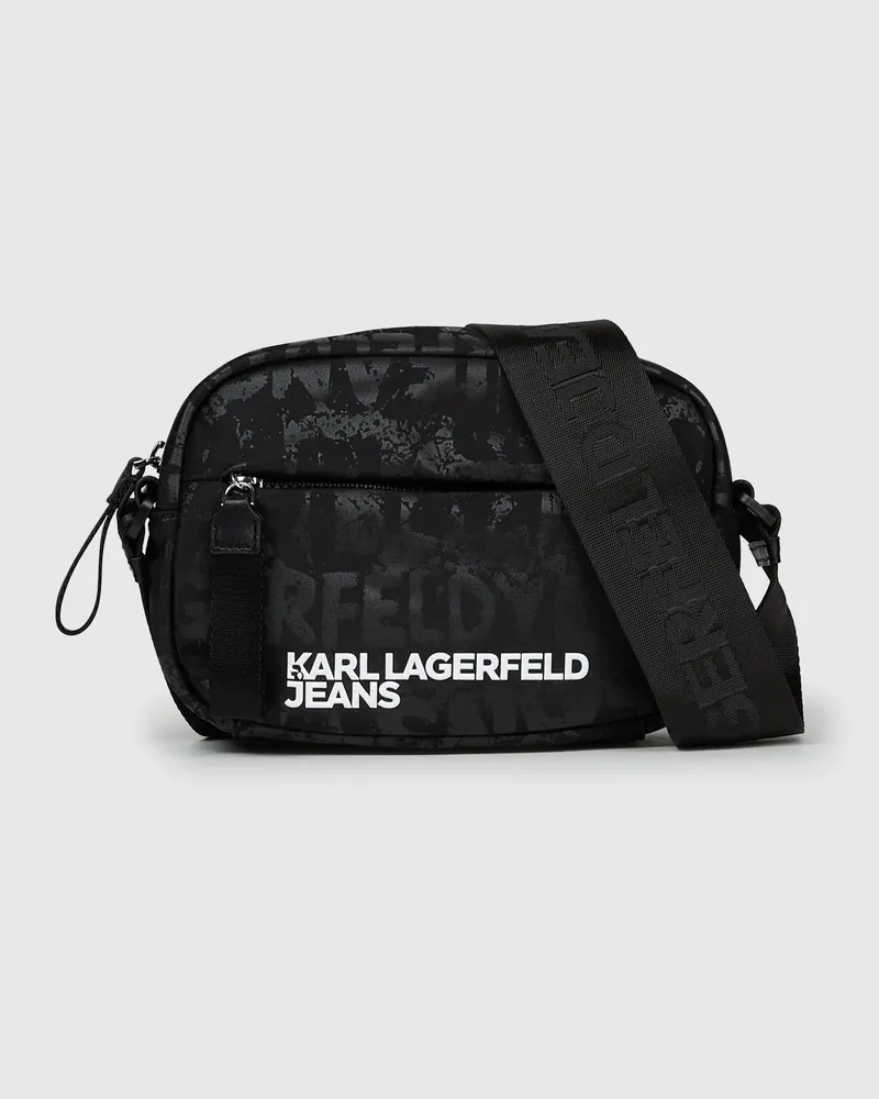 Karl Lagerfeld Kameratasche Aus Nylon Mit Grafikprint, Herren, Allover-print Mit Strukturiertem Logo – Schwarz, Größe Allover-print