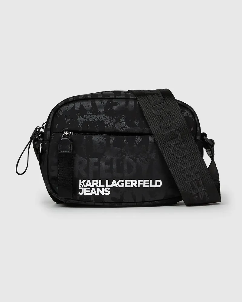 Karl Lagerfeld Kameratasche Aus Nylon Mit Grafikprint, Herren, Allover-print Mit Strukturiertem Logo – Schwarz, Größe Allover-print