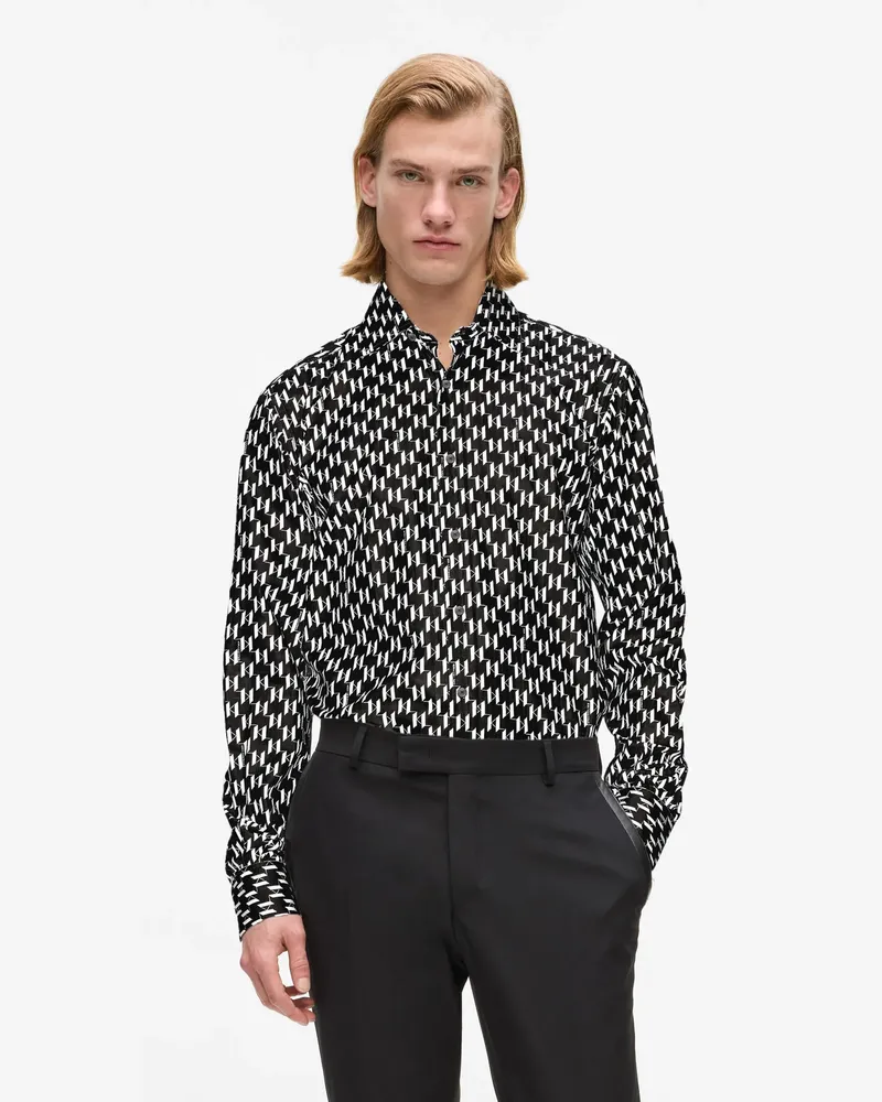 Karl Lagerfeld Hemd Mit Allover-monogramm, Herren, Schwarz/weiss, Größe Schwarz