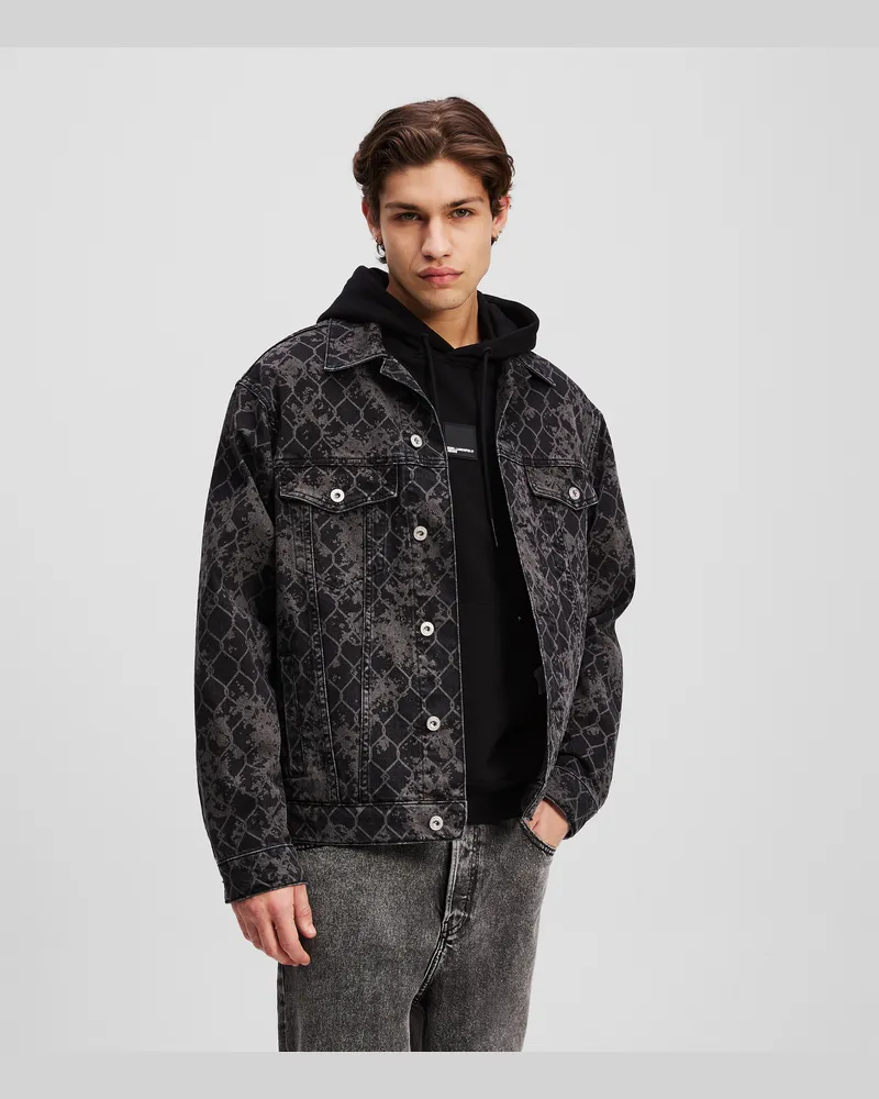 Karl Lagerfeld Jeansjacke Mit Allover-print, Mann, Gewaschenes Schwarzes All-Over-Print, Größe Gewaschenes
