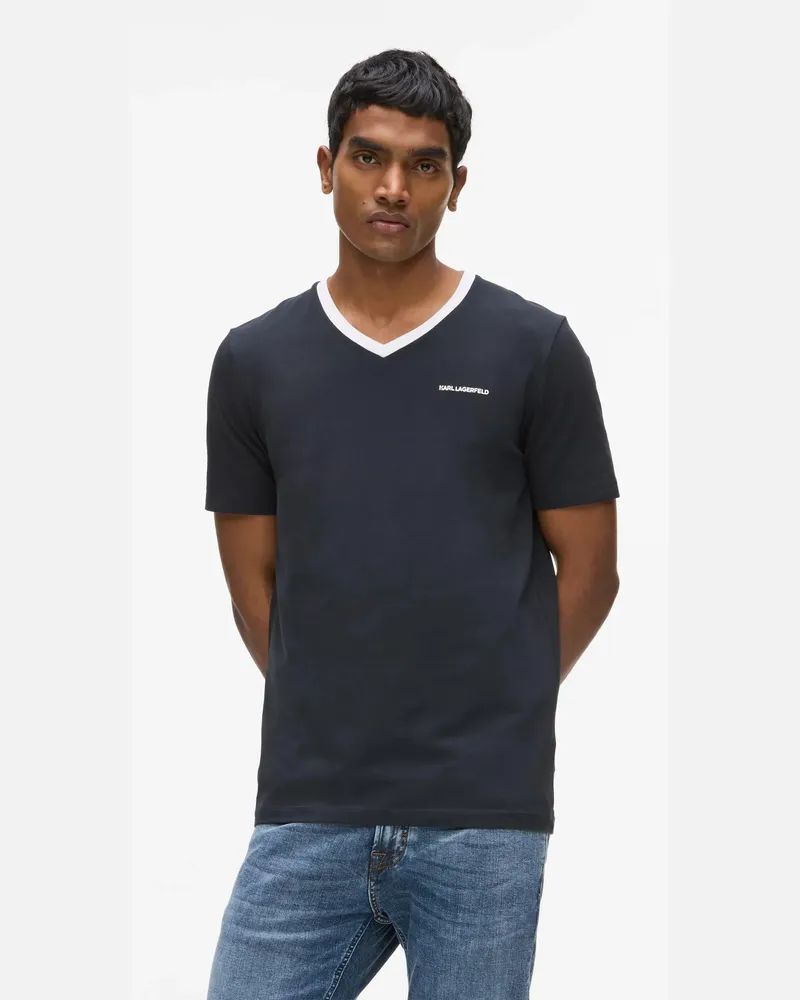 Karl Lagerfeld Kontrast V-ausschnitt T-shirt, Herren, Marineblau, Größe Marineblau