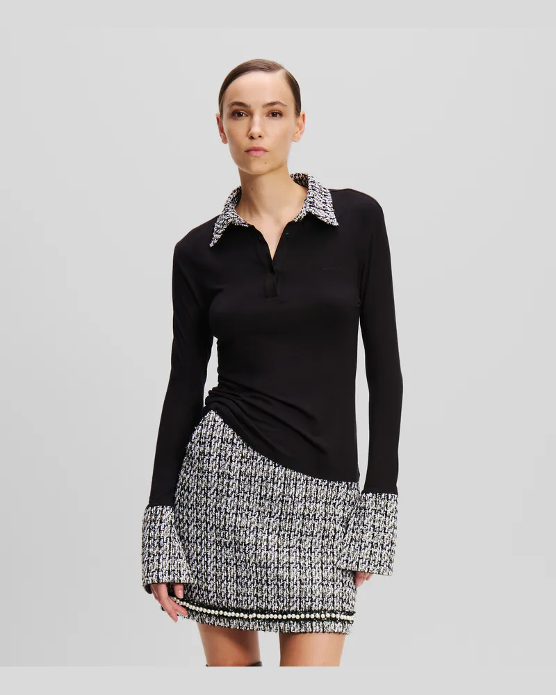 Karl Lagerfeld Langärmliges Bouclé-poloshirt, Frau, Schwarz, Größe Schwarz
