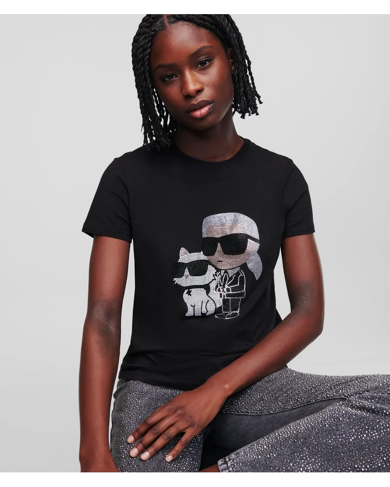 Karl Lagerfeld Karl Ikonik -karl-&-choupette-t-shirt mit Strass, Frau, Schwarz Schwarz