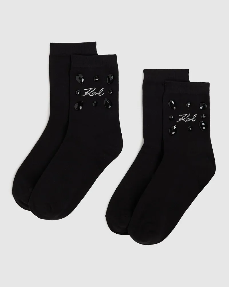 Karl Lagerfeld Signature-socken Mit Edelsteinmotiv – 2er-pack, Damen, Schwarz, Größe Schwarz