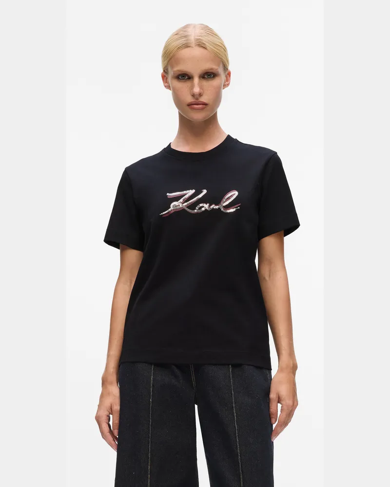 Karl Lagerfeld T-shirt Mit Signatur Aus Pailletten, Damen, Schwarz, Größe Schwarz