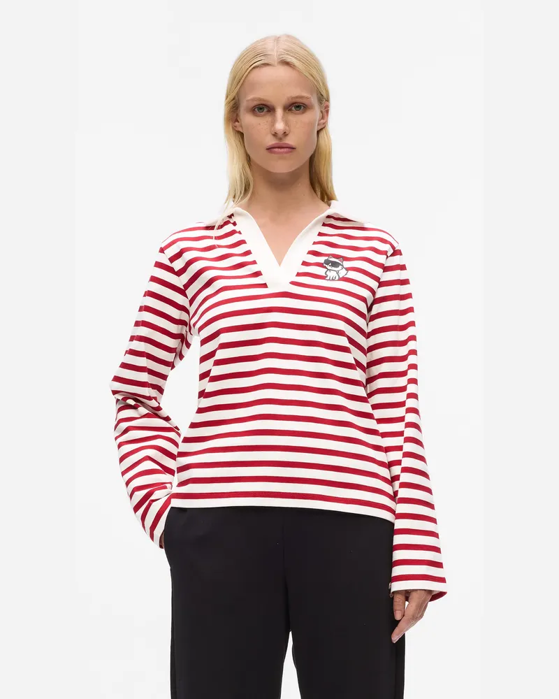 Karl Lagerfeld Ikon Gestreiftes Polohemd Mit Langen Ärmeln, Damen, Scharlachrot-salbei-creme Gestreift, Größe: Xl Scharlachrot-salbei-creme