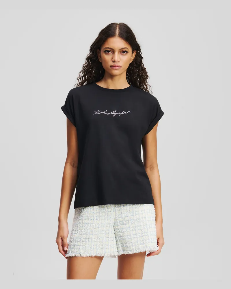 Karl Lagerfeld Signature T-shirt Mit Strass, Frau, Schwarz, Größe Schwarz