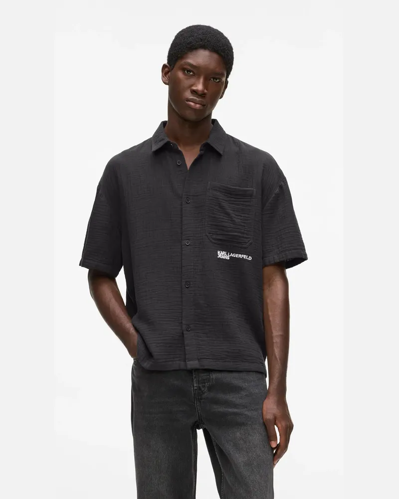 Karl Lagerfeld Kurzärmeliges Hemd In Knitteroptik, Herren, Schwarz, Größe Schwarz