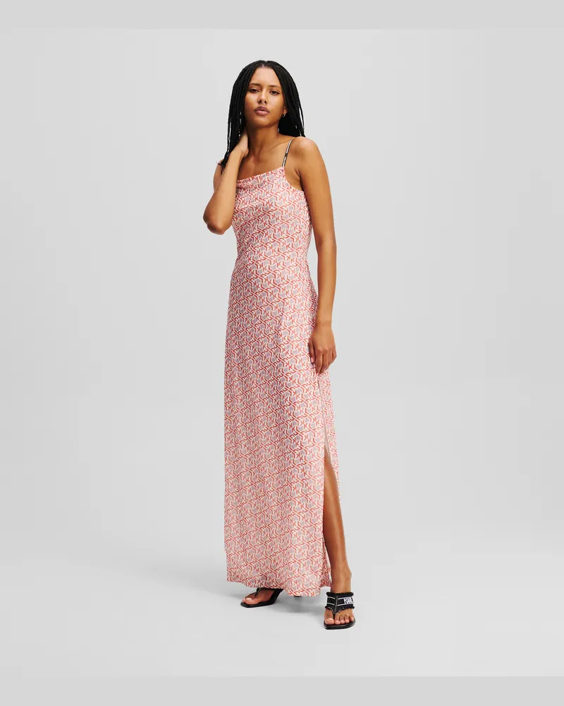 Karl Lagerfeld Mesh-maxikleid Mit Monogramm, Frau, Roter All-Over-Monogramm-Druck, Größe Roter