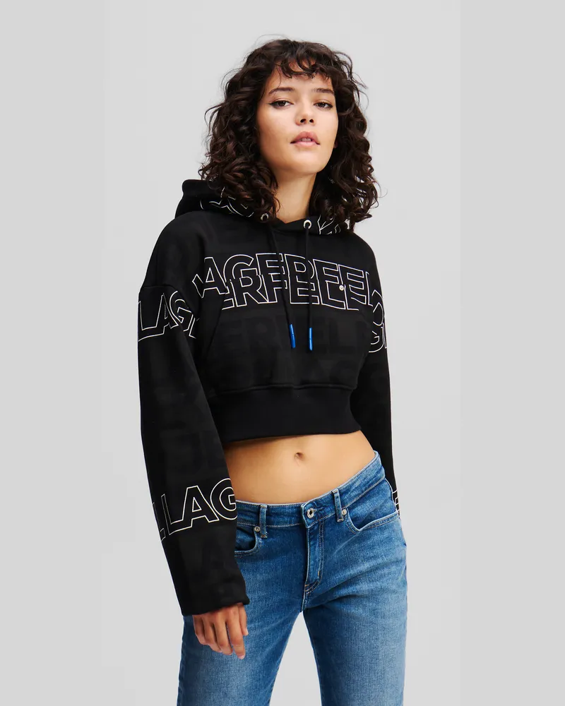 Karl Lagerfeld Übergrosser Kapuzenpullover In Kurzer Länge, Frau, All-Over-Logo-Muster Schwarz-Weiß, Größe All-over-logo-muster