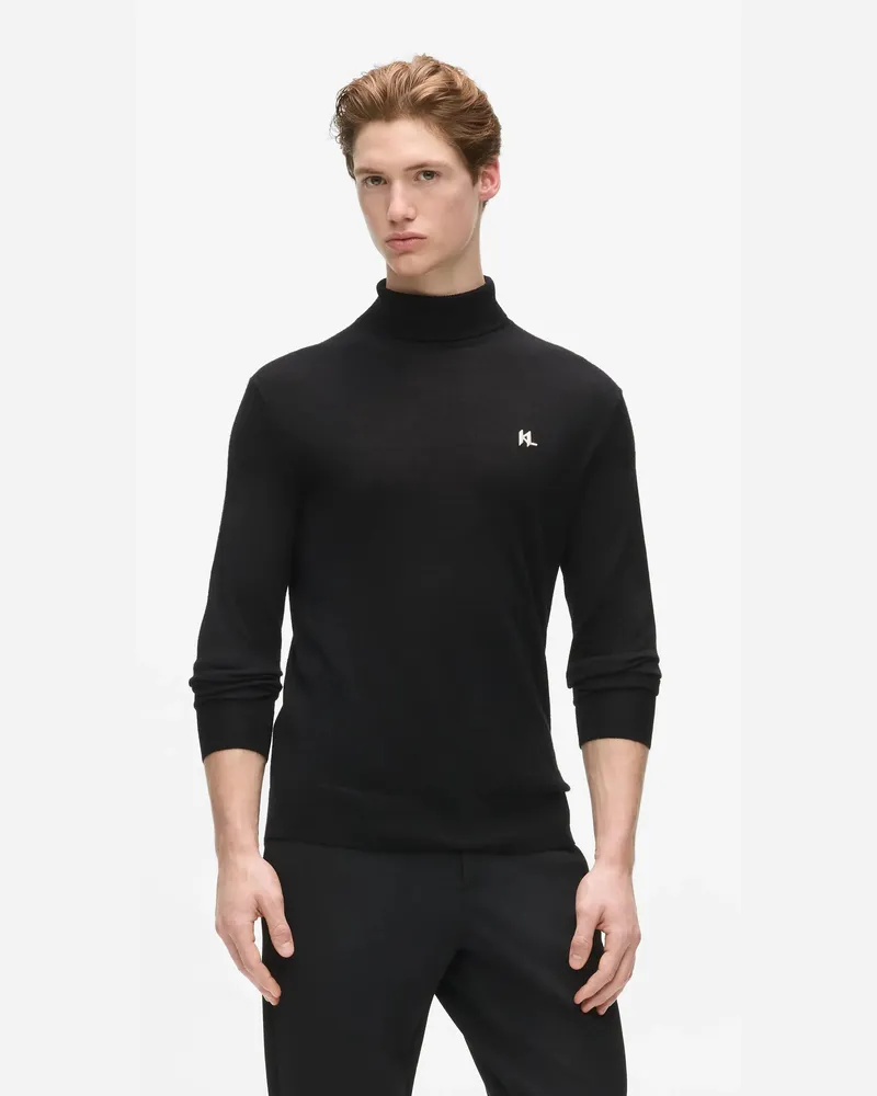 Karl Lagerfeld Rollkragenpullover Aus Wolle Mit Monogramm, Herren, Schwarz, Größe Schwarz