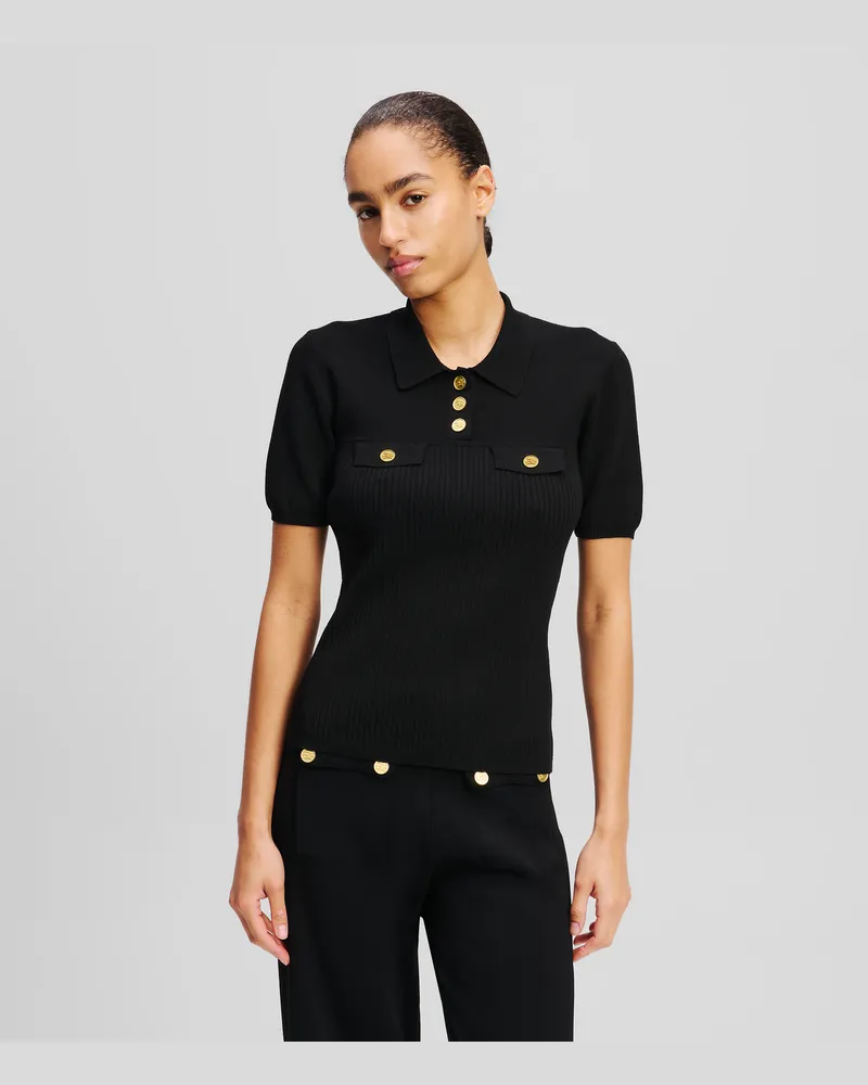 Karl Lagerfeld Poloshirt Mit Knopfdetail, Frau, Schwarz, Größe Schwarz