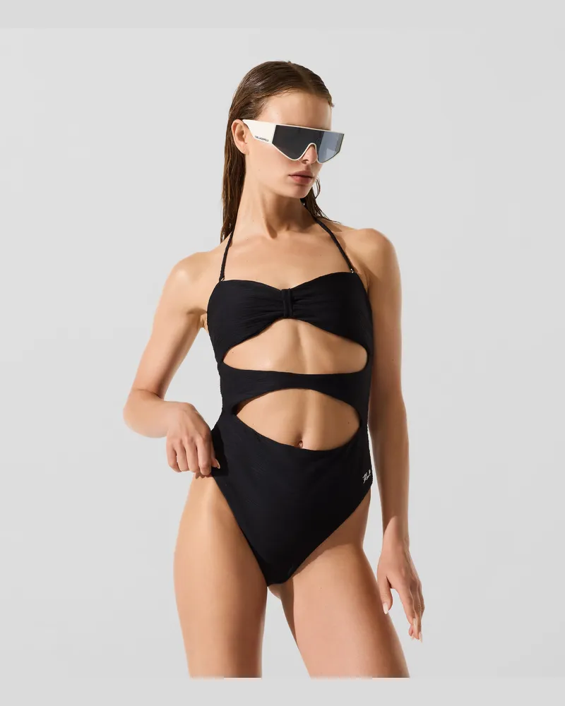 Karl Lagerfeld Gerippter Bandeau-badeanzug, Damen, Schwarz, Größe Schwarz