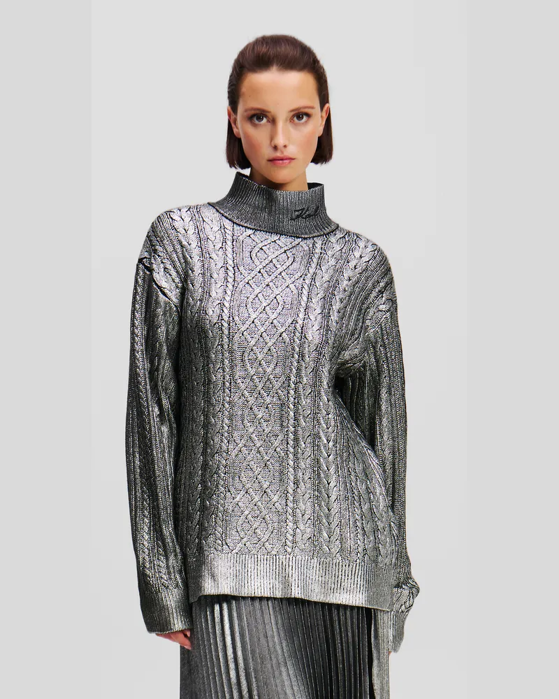 Karl Lagerfeld Metallic-strickpullover Mit Zopfmuster, Frau, Gunmetal, Größe Gunmetal