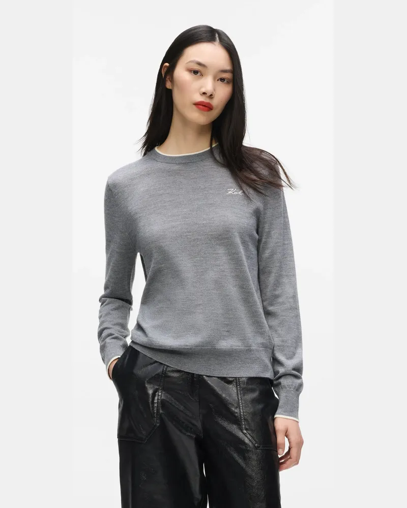 Karl Lagerfeld Pullover Mit Rundhalsausschnitt Aus Merinowolle, Damen, Mittelgrau Melange, Größe Mittelgrau