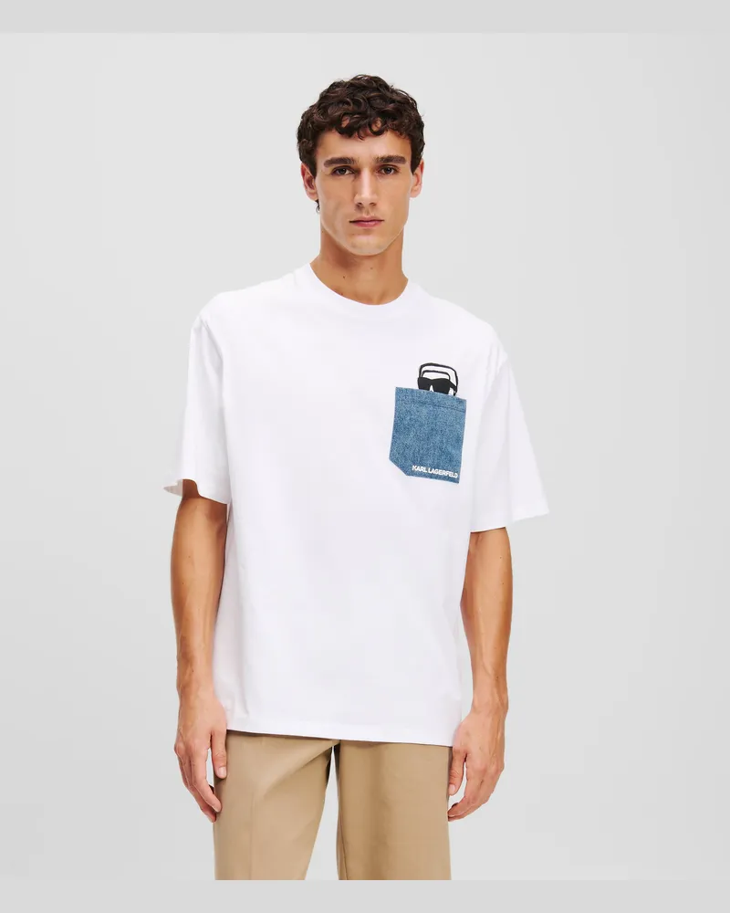 Karl Lagerfeld Ikon T-shirt Mit Denim-tasche, Mann, Weiss, Größe Weiss
