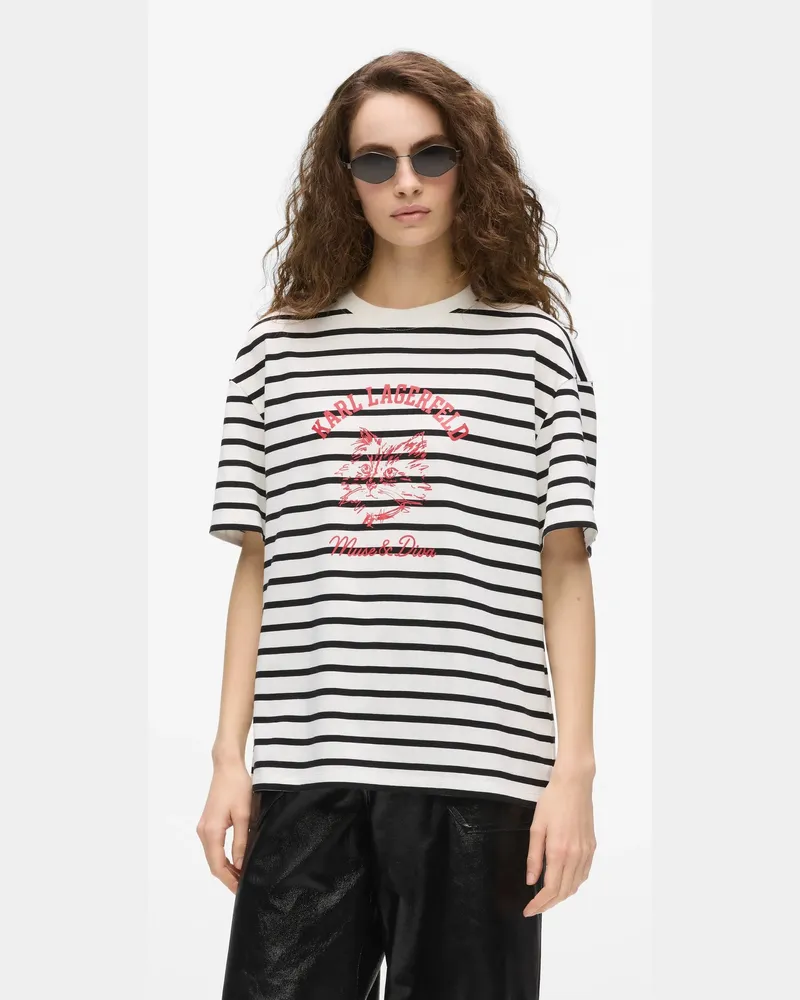 Karl Lagerfeld Ikon Choupette Muse Gestreiftes T-shirt, Female, Uneven Cream-black Stripes, Size Multicoloured